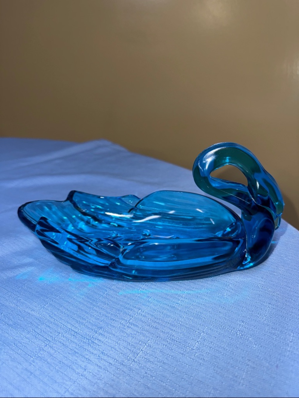 Swan Dish Aqua Blue Art Glass Swan Candy Trinket Soap Dish 8.5” long